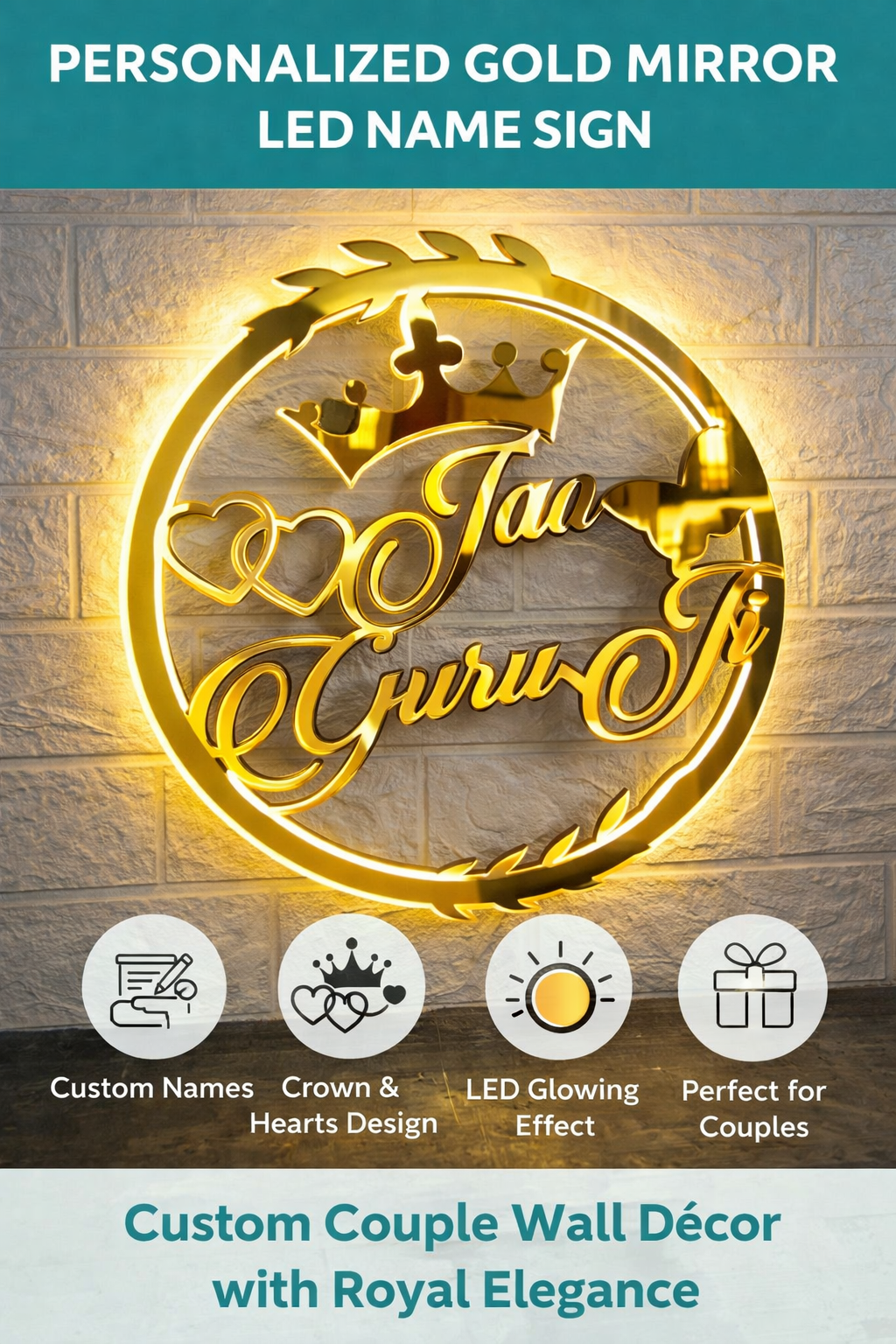 Personalized Gold Mirror LED Name Sign with Crown & Hearts